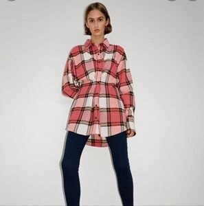 Zara Flannel Check Pink Plaid Pleated Tunic Shacket Size XS